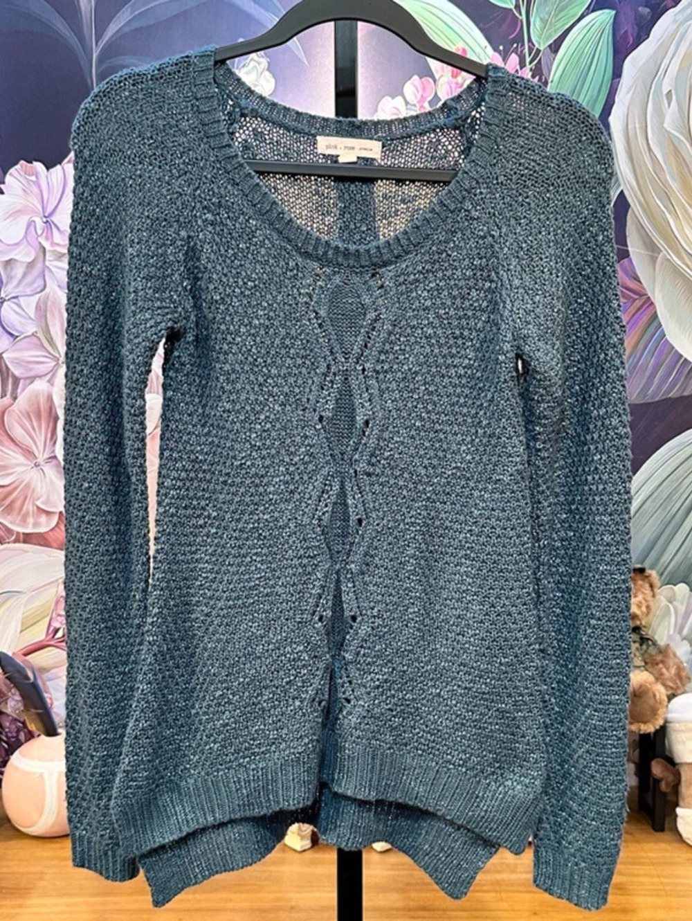 Pink Rose S Juniors Stretch Sweater Button Back Open Knit Cable Boho Cozy